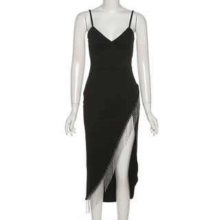 Beaded v neck irregular slit cami midi dress