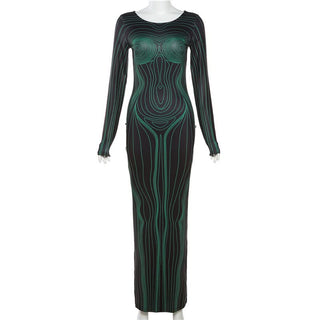 Long sleeve crewneck body print maxi dress