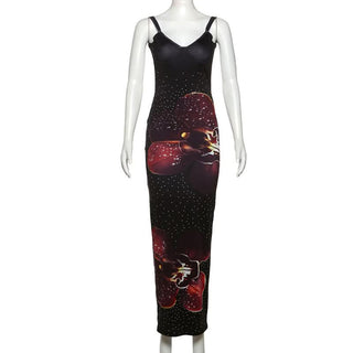 V neck ruched polka dot flower print cami maxi dress