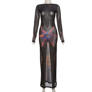 Long sleeve self tie sheer mesh print maxi dress