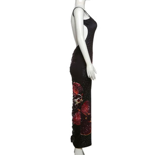 V neck ruched polka dot flower print cami maxi dress