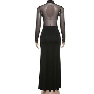 Mesh long sleeve ruched solid maxi dress