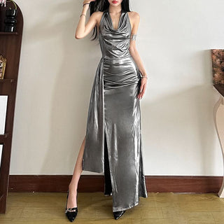 Halter cowl neck slit button metallic maxi dress