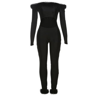Long sleeve off shoulder feather hollow out jumpsuit