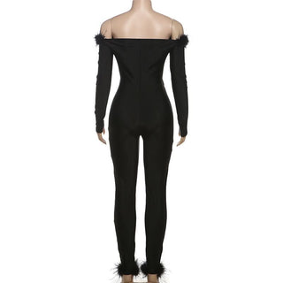 Long sleeve off shoulder feather hollow out jumpsuit