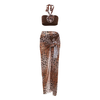 Leopard print halter self tie mesh 3 piece maxi skirt set