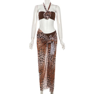Leopard print halter self tie mesh 3 piece maxi skirt set