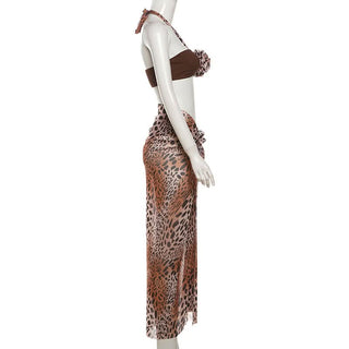 Leopard print halter self tie mesh 3 piece maxi skirt set
