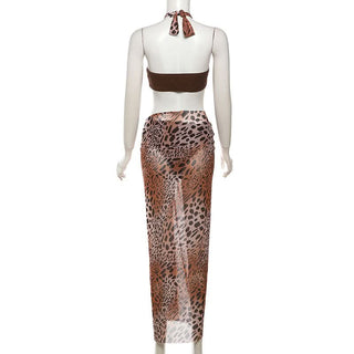 Leopard print halter self tie mesh 3 piece maxi skirt set