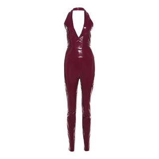PU leather v neck halter zip-up pant set