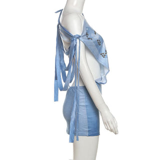 Off shoulder beaded "66" print backless mini dress