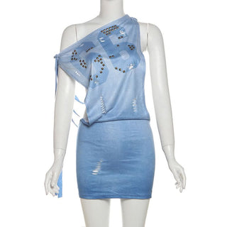 Off shoulder beaded "66" print backless mini dress