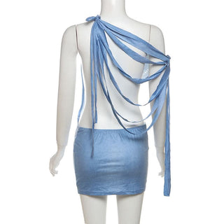 Off shoulder beaded "66" print backless mini dress