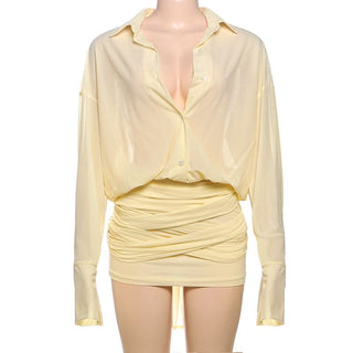 Turnover collar long sleeve button knotted mini dress