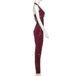 PU leather v neck halter zip-up pant set