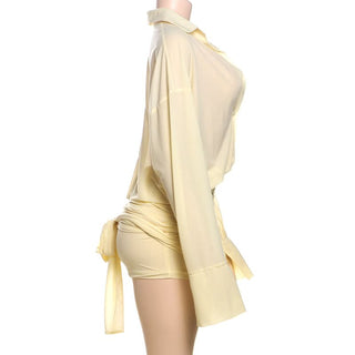 Turnover collar long sleeve button knotted mini dress