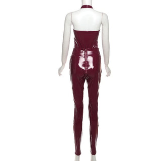 PU leather v neck halter zip-up pant set
