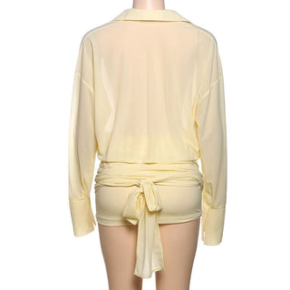 Turnover collar long sleeve button knotted mini dress