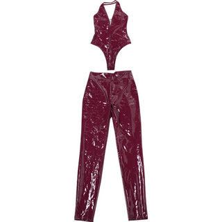 PU leather v neck halter zip-up pant set