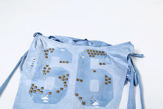 Off shoulder beaded "66" print backless mini dress