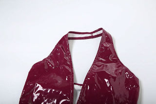 PU leather v neck halter zip-up pant set