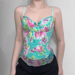 V neck bowknot flower print cami top