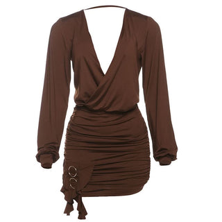 V neck long sleeve o ring ruched mini dress