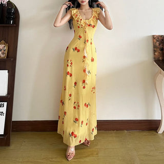Flower print ruffle mesh maxi dress