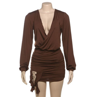 V neck long sleeve o ring ruched mini dress