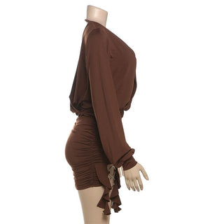V neck long sleeve o ring ruched mini dress
