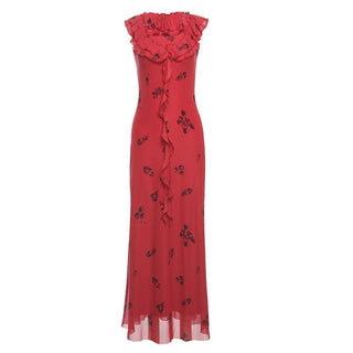 Flower print ruffle mesh maxi dress