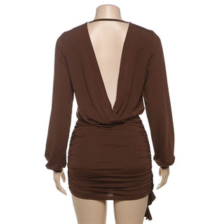 V neck long sleeve o ring ruched mini dress