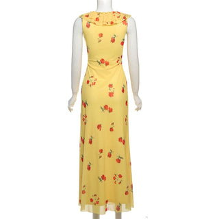 Flower print ruffle mesh maxi dress