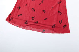 Flower print ruffle mesh maxi dress