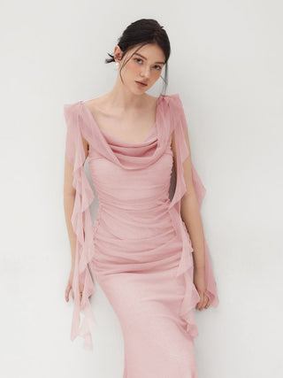 Cowl Neck Solid Ruffle Hem Ruched Maxi Dress