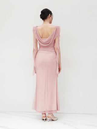 Cowl Neck Solid Ruffle Hem Ruched Maxi Dress