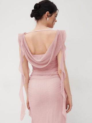Cowl Neck Solid Ruffle Hem Ruched Maxi Dress