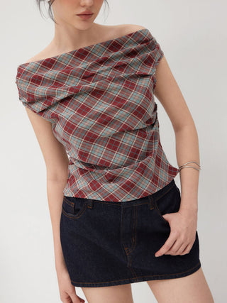 Off-shoulder Tartan Ruched Crop Top