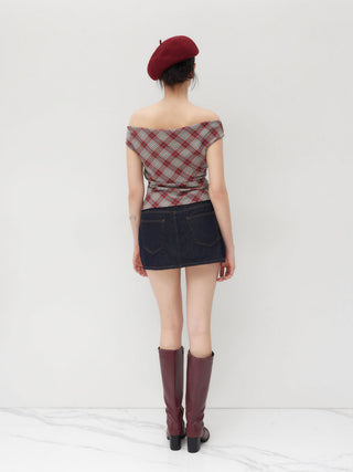 Off-shoulder Tartan Ruched Crop Top