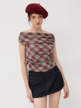 Off-shoulder Tartan Ruched Crop Top