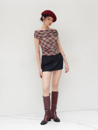 Off-shoulder Tartan Ruched Crop Top