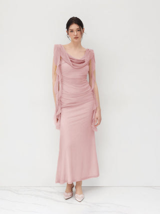 Cowl Neck Solid Ruffle Hem Ruched Maxi Dress
