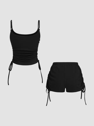 Polka Dot Drawstring Crop Cami Top & Low Rise Drawstring Micro Shorts Set