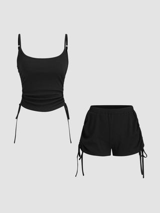 Polka Dot Drawstring Crop Cami Top & Low Rise Drawstring Micro Shorts Set