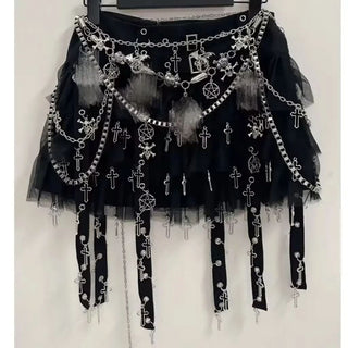 Metal chain cross applique A line mini skirt