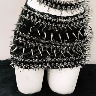 O ring rivet applique cross front belt mini skirt set