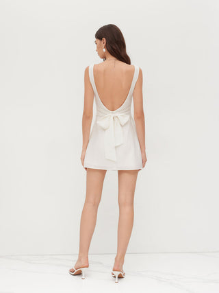 Linen-blend Boat Neck Solid Knotted Backless Mini Dress