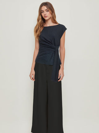 Woven Boat Neck Stripe Knotted Oversized Top For Work