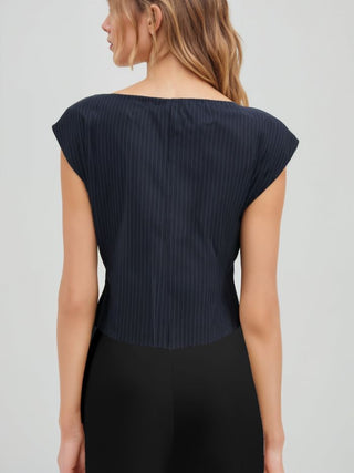 Woven Boat Neck Stripe Knotted Oversized Top For Work