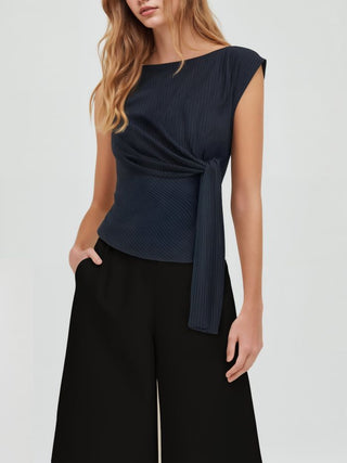 Woven Boat Neck Stripe Knotted Oversized Top For Work